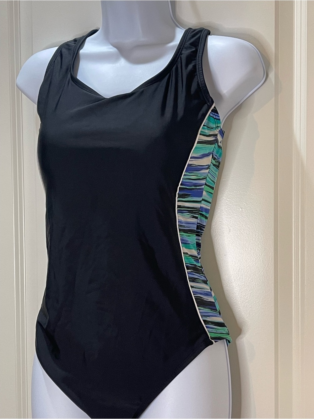 Catalina Black One-Piece Swimsuit with Teal & Purple Side Panels Sz Large 12/14